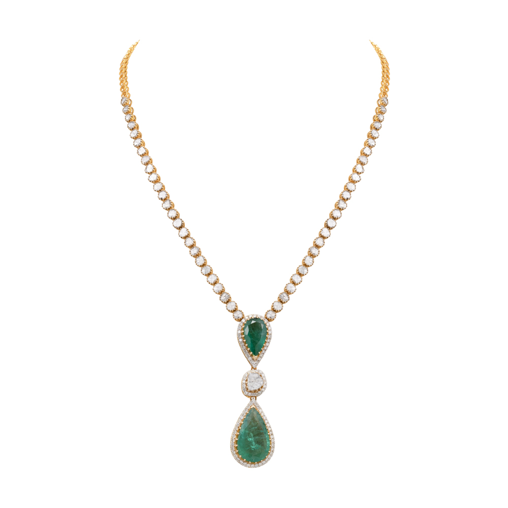 Claw-Set Emerald and Diamond Pendant Necklace